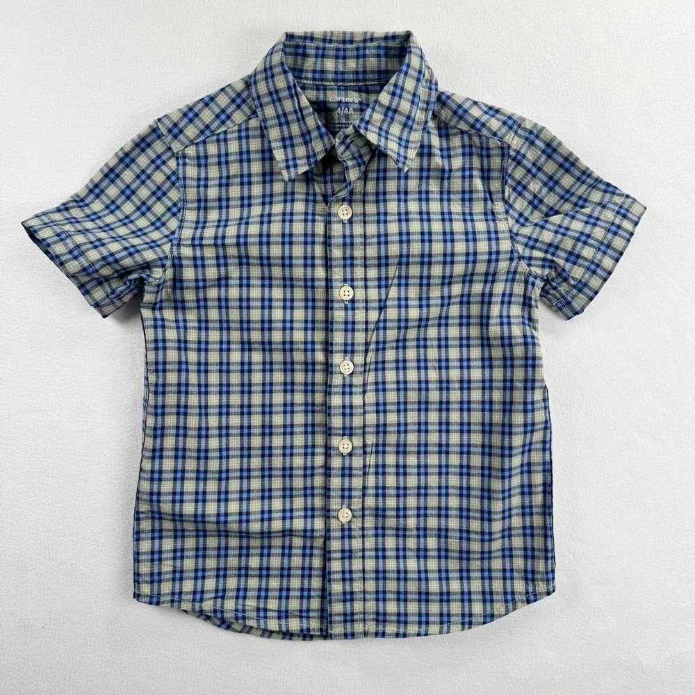 Boys Shirt Blue Green Plaid Button Down Short‎ Sleeve Preppy Casual Top School